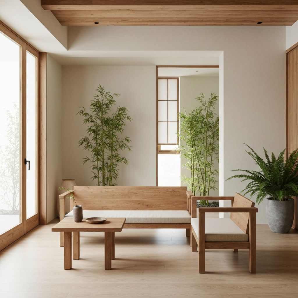 Japandi interior with natural wood elements